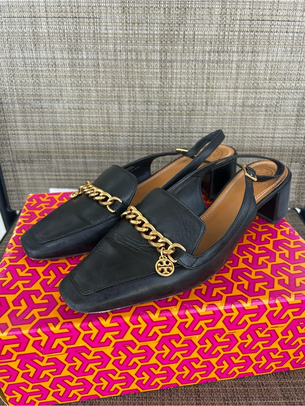 Tory Burch 9.5 Black Leather Charm Detail Slingback Mini Benton Loafers heels